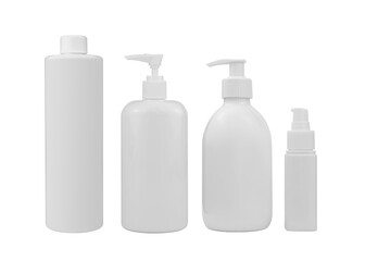 Set of four cosmetic bottles with pump dispenser and cream tube isolated on white background. Beauty products packaging mock up. White plastic cosmetic containers.	