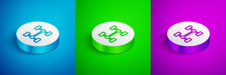 Isometric line Chassis car icon isolated on blue,green and purple background. White circle button. Vector