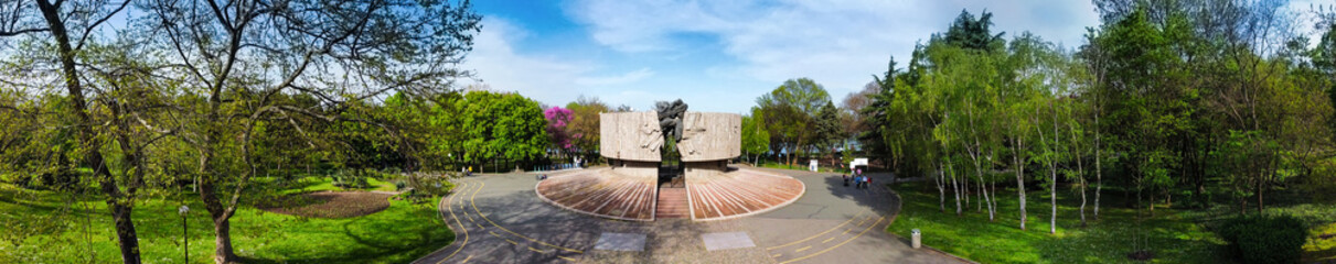 Aerial panorama view of The Pantheon Monument at the Sea Garden of Burgas, Bulgaria at springtime