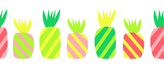Pineapples abstract seamless vector border. Repeating horizontal colorful pattern border. Hand drawn exotic fruit isolated in cartoon doodle style. Great for fabric trim, summer decoration, footer