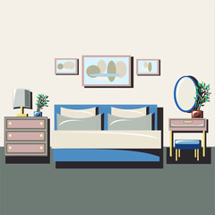 A set of furniture, accessories for the interior. Room, bedroom, interior. Chest of drawers, console, curbstone, chair, bed, sofa, painting, table lamp, potted plant, mirror. Isolated vector objects.