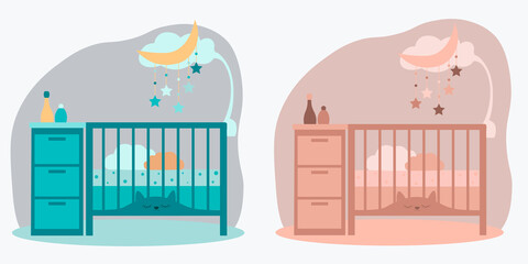 Set of newborn crib with mobile toys and wardrobe. Vector. For postcards, poster, icon, decoration of children's design.