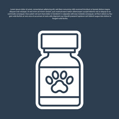 Blue line Medicine bottle and pills icon isolated on blue background. Container with pills. Prescription medicine for animal. Vector