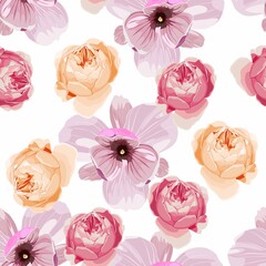 Seamless floral pattern with tropical magnolia, roses flowers on white background. Template design for textiles, interior, clothes, wallpaper. Botanical art. Engraving style. © Виктор Фесюк