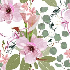 Seamless floral pattern with pink tropical magnolia and many kind of herbs and flowers on white background. Template design for textiles, interior, clothes, wallpaper. Botanical art. 