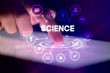 Finger touching tablet with web technology icons concept