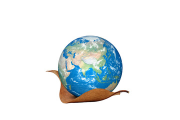 The earth on dry leaf. save the earth concept. Isolated on white background with clipping path.