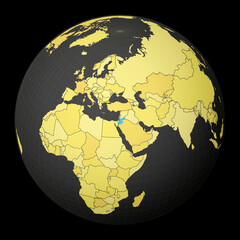 Jordan on dark globe with yellow world map. Country highlighted with blue color. Satellite world projection centered to Jordan. Modern vector illustration.