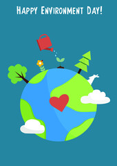 Postcard or banner concept for World Environment Day. An image with the Earth, trees, clouds, a sprout, a flower with a ladybug, a watering can and a heart.