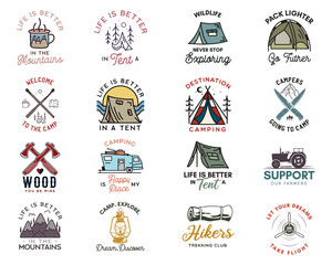 Camping adventure badges logos set, Vintage travel emblems. Hand drawn line art stickers designs big bundle. Hiking expedition, campers quotes labels. Outdoor camper insignias. Stock set