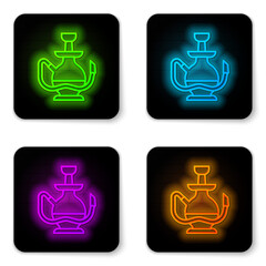 Glowing neon line Hookah icon isolated on white background. Black square button. Vector