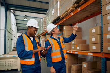 Two multiracial male workers working together in a manufacturing plant