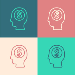 Pop art line Business man planning mind icon isolated on color background. Human head with dollar. Idea to earn money. Business investment growth. Vector