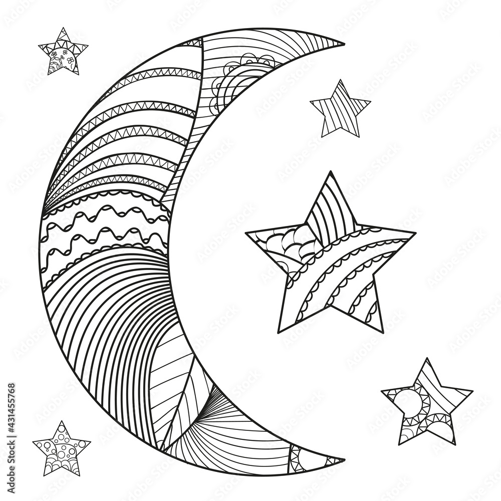 Sticker zentangle moon and star with abstract patterns on isolation background. design for spiritual relaxat