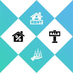 Set House with percant discount, Skyscraper, Hanging sign Rent and Sale icon. Vector