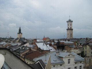 Fototapeta premium View of the town. Scenic panoramic landscape of Lviv, Ukraine.