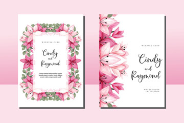 Wedding invitation frame set, floral watercolor hand drawn Pink Lily Flower design Invitation Card Template