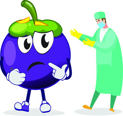 Funny mangosteen character thinking in front of a doctor