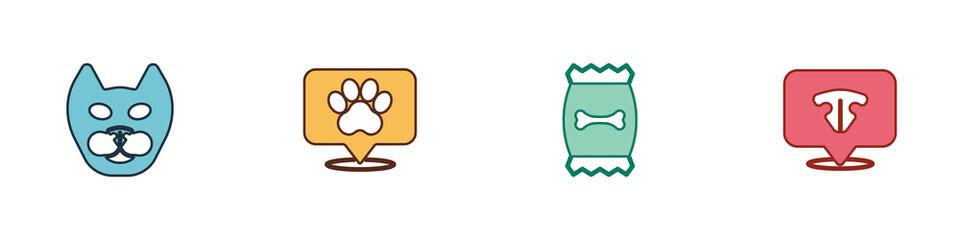 Set Cat, Location veterinary hospital, Bag of food for pet and nose icon. Vector