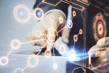 Double exposure of man's hands holding and using a phone and social network theme drawing.
