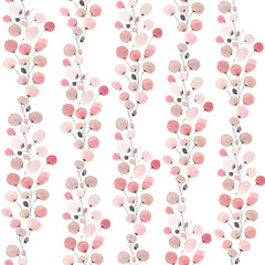 seamless pattern of twigs and leaves in pink tones on a white background painted in watercolor