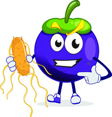 Funny mangosteen character holding a germ bacteria in hand