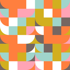 Mid-century geometric abstract vector seamless pattern with simple shapes and retro color palette. Simple composition for web design, branding, invitations, posters, textile and wallpaper.