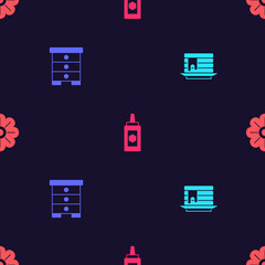 Set Stack of pancakes, Hive for bees, Jar honey and Flower on seamless pattern. Vector