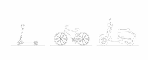 Set of outline images of city transport. Bicycle, scooter. scooter. Ecological transport in human life.