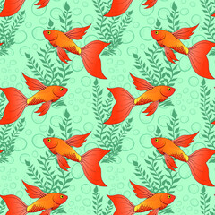 Tropical coral fishes and seaweed seamless pattern. Exotic ocean creatures surface pattern design. Marine animals endless texture. Underwater fauna boundless background. Sea life editable tile.