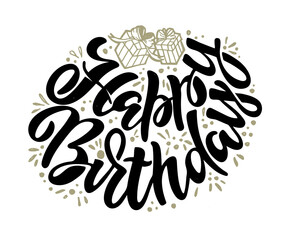 Fototapeta premium Happy Birthday. Beautiful greeting card poster with calligraphy black text Word star fireworks. Hand drawn, design elements. Handwritten modern brush lettering on a white background isolated vector.