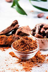 Organic cocoa powder, beans, grated lump on gray background. Copy space