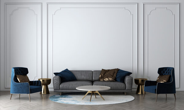 Modern cozy mock up and decoration furniture of living room and white wall texture background, 3D rendering