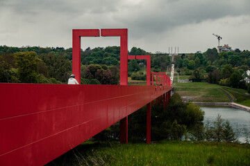Paris, France 03-05-2021: the red bridge of the cergy