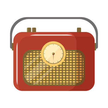 Red retro radio vector illustration isolated on white background. Vintage radio icon: 50s, 60s, 70s style. Electronic device for listening to music.