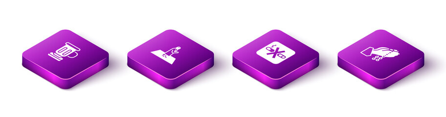 Set Isometric Medieval goblet, Muslim man prays, No Smoking and Hands praying position icon. Vector