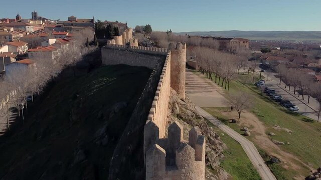 An aerial view of the Walls of Avila in Spain during daylight, an HD footage