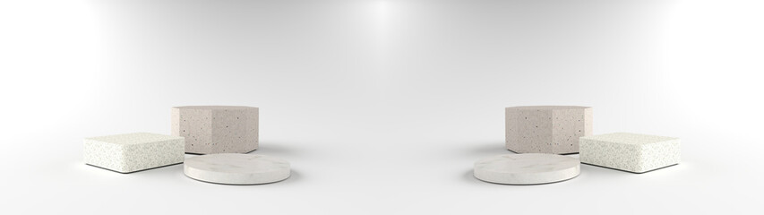 3D Render of abstract white composition with podium. Minimal Studio with Square, Round and Octagonal Pedestal. podium can be used for advertising, Isolated on white background, Product Presentation.