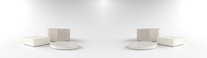 3D Render of abstract white composition with podium. Minimal Studio with Square, Round and Octagonal Pedestal. podium can be used for advertising, Isolated on white background, Product Presentation.