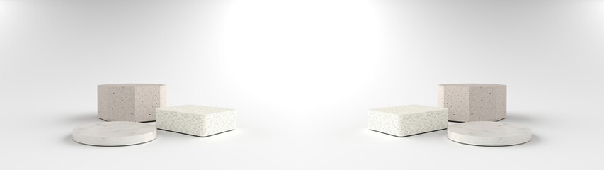 3D Render of abstract white composition with podium. Minimal Studio with Square, Round and Octagonal Pedestal. podium can be used for advertising, Isolated on white background, Product Presentation.