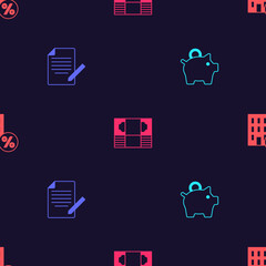 Set Piggy bank, Document and pen, Stacks paper money cash and House with percant discount on seamless pattern. Vector