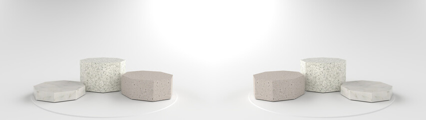 3D rendering of Octagonal marble Pedestal, Podium for display product on white floor. Pedestal can be used for commercial advertising, Isolated on white background, Product Presentation, illustration.