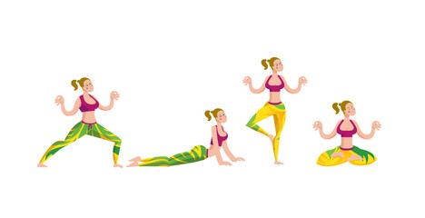 Yoga and meditation. Use it for sport, recreation, yoga or health care poster design. Cartoon style girl in yoga pose.