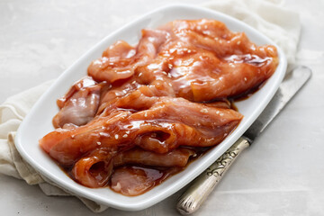 raw meat with sauce on white dish