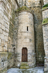 Pequeña puerta de madera en pared lateral de piedra de la iglesia San Pedro en Montealegre de Campos, provincia de Valladolid, siglo XVII