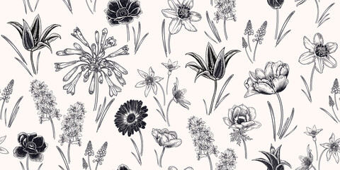Vintage Frühlingshintergrund. Nahtloses Blumenmuster. Vektor. © marinavorona