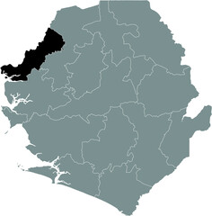 Fototapeta premium Black highlighted location map of the Sierra Leonean Kambia district inside gray map of the Republic of Sierra Leone