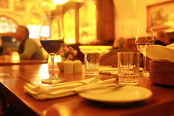 empty wine glasses restaurant interior serving / beautifully served glass wine glasses
