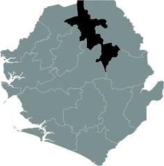 Black highlighted location map of the Sierra Leonean Koinadugu  district inside gray map of the Republic of Sierra Leone