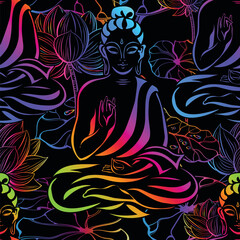 seamless pattern of versicolored sitting Buddha on a black background. Gautama Siddhartha. Shakyamuni. Buddhism, Meditation, Esoteric and Psychedelic